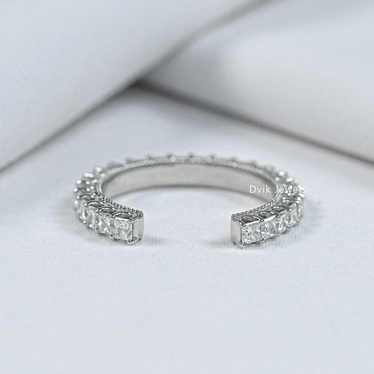 Princess cut lab diamond open cuff wedding band in white gold by Dvik Jewels