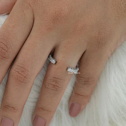 Open wedding bands with square princess shape diamond worn by women