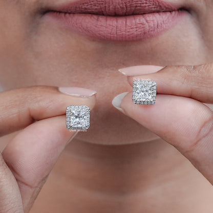 Halo Princess Diamond  Stud Earrings