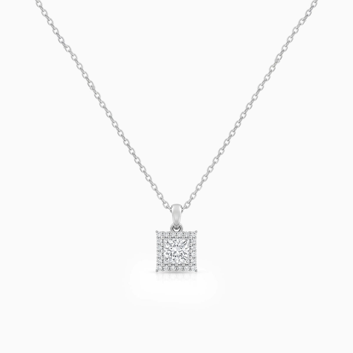 Princess Shape Halo Diamond Pendant Necklace