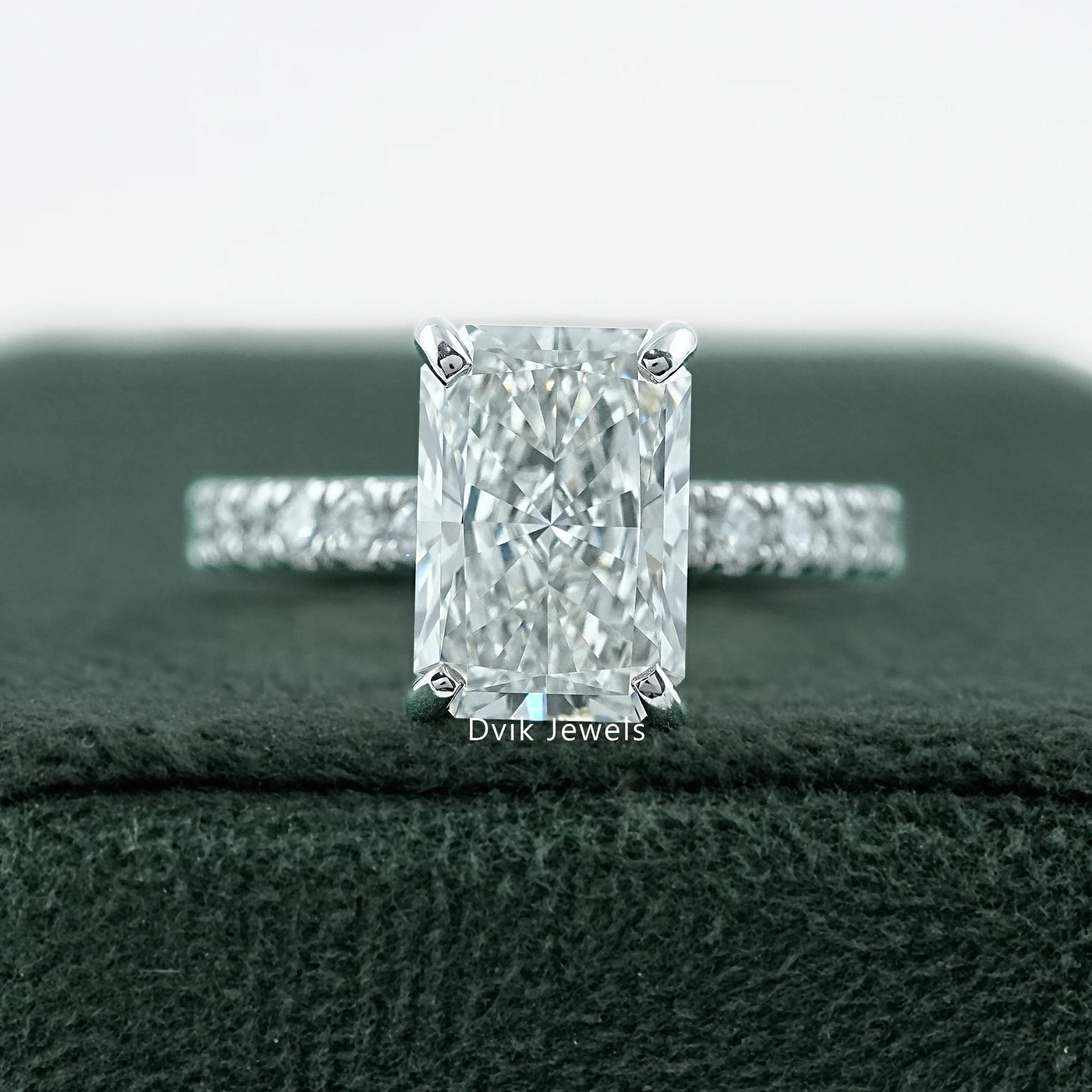 Radiant Cut Lab Grown Diamond Engagement Ring with Pave Band for modern sparkle by Dvik Jewels