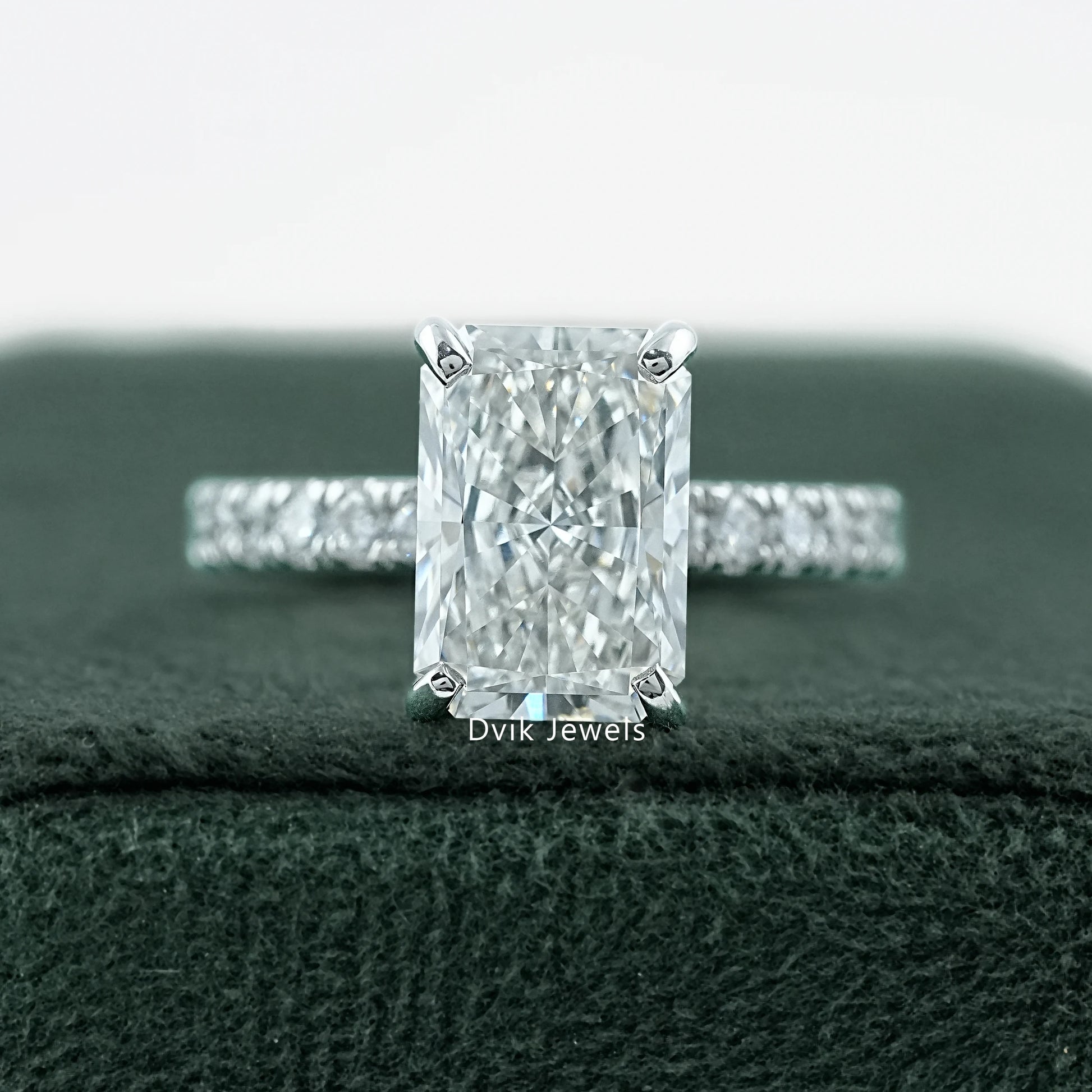 Radiant Cut Lab Grown Diamond Engagement Ring with Pave Band for modern sparkle by Dvik Jewels