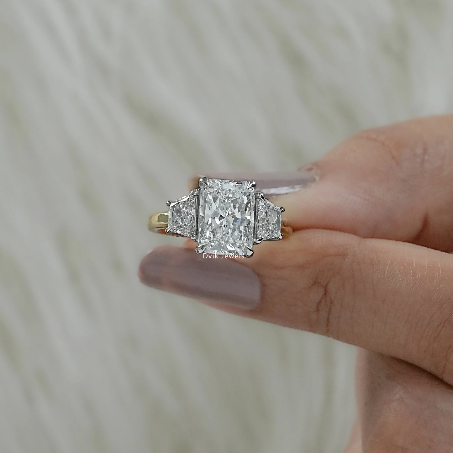 Radiant Cut Lab Diamond Trapezoid Three Stone Ring