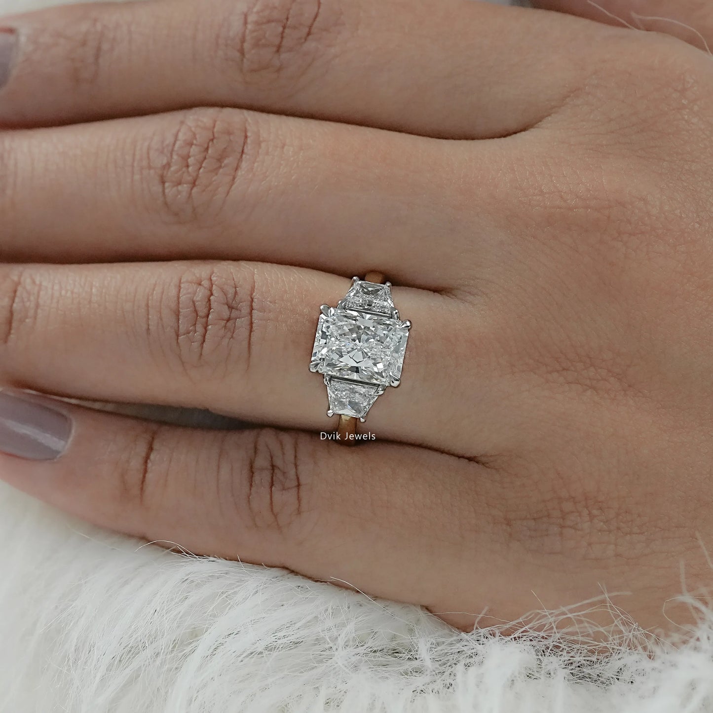 Radiant Cut Lab Diamond Trapezoid Three Stone Ring