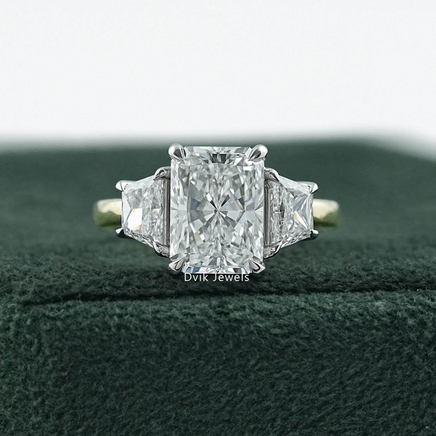 Radiant Cut Lab Diamond Trapezoid Three Stone Ring