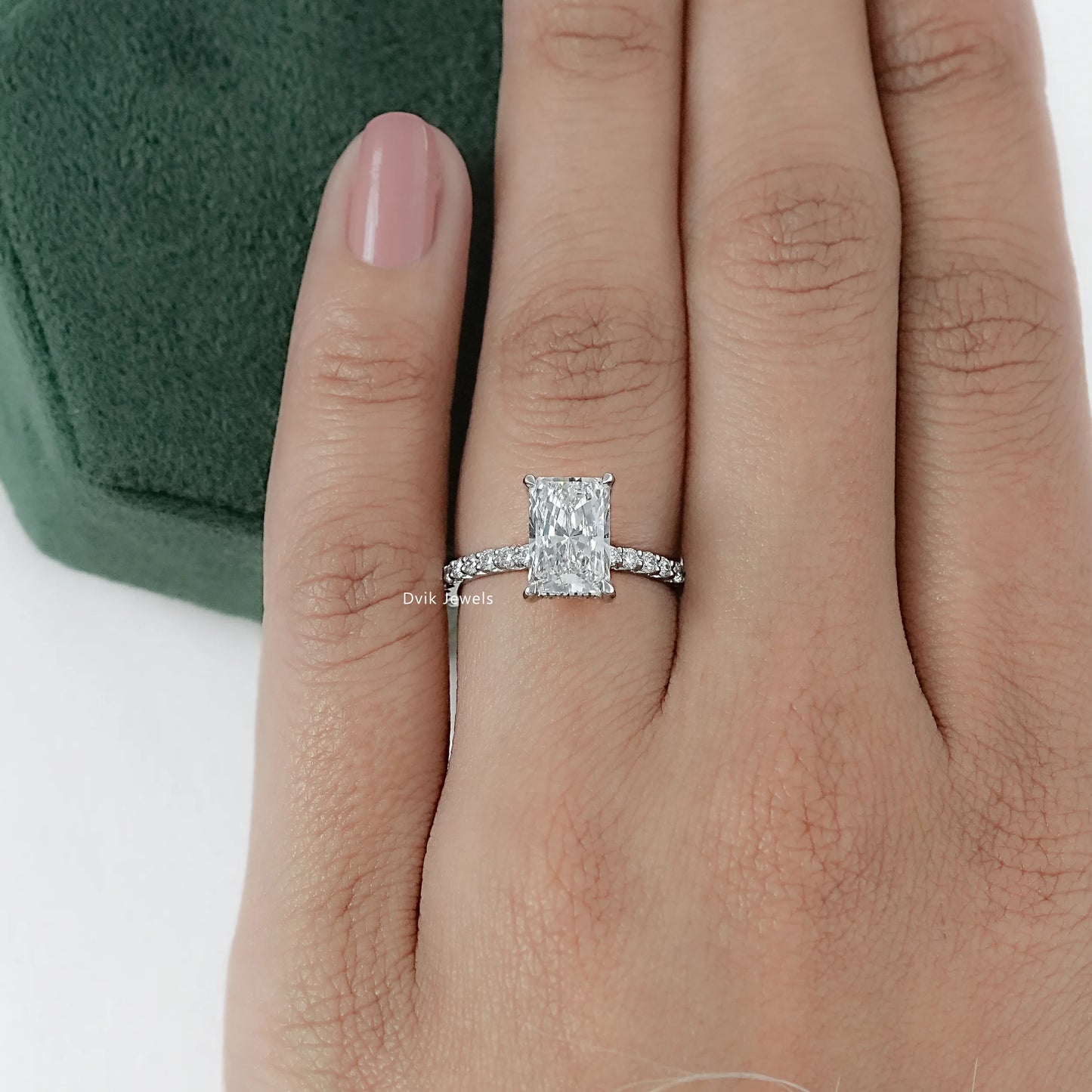 Radiant Cut Lab Diamond Hidden Halo Solitaire Accent Ring
