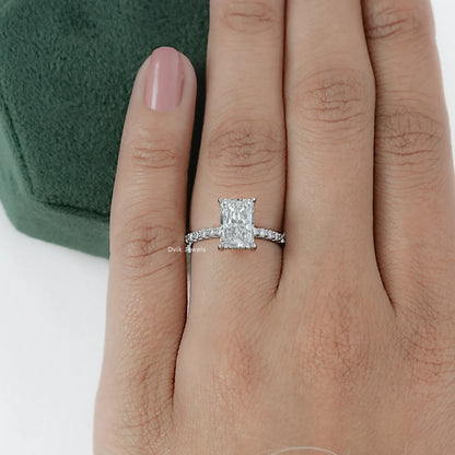 Radiant Cut Lab Diamond Hidden Halo Solitaire Accent Ring