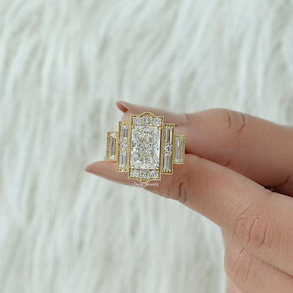 Five stone diamond anniversary rings worn on a finger for a bridal look.