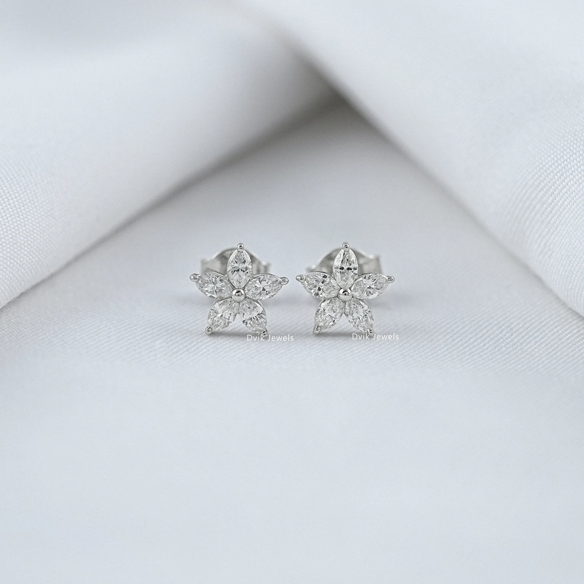 Pair of marquise cut diamond flower earrings for women on classic view