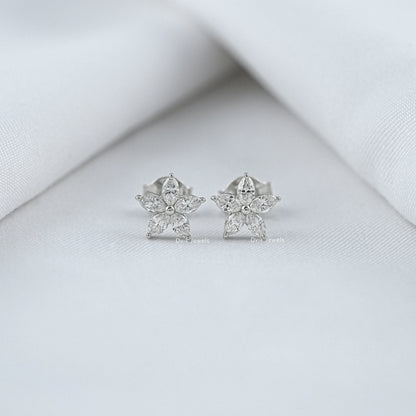 Pair of marquise cut diamond flower earrings for women on classic view