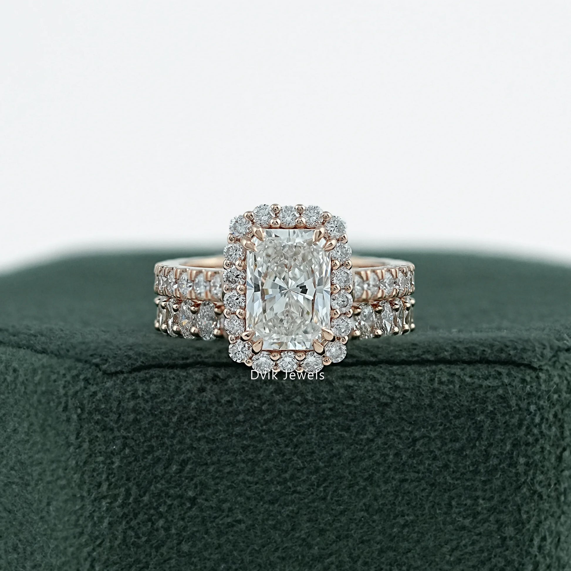 Radiant Cut Lab Diamond Halo Bridal Ring Set with Double Band Bridal Ring Set