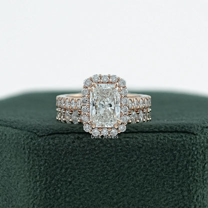 Radiant Cut Lab Diamond Halo Bridal Ring Set with Double Band Bridal Ring Set