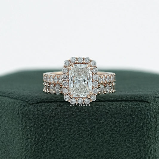 Radiant Cut Lab Diamond Halo Bridal Ring Set with Double Band Bridal Ring Set