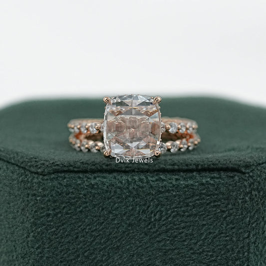 Rose Cut Cushion Lab Diamond Bridal Ring Set