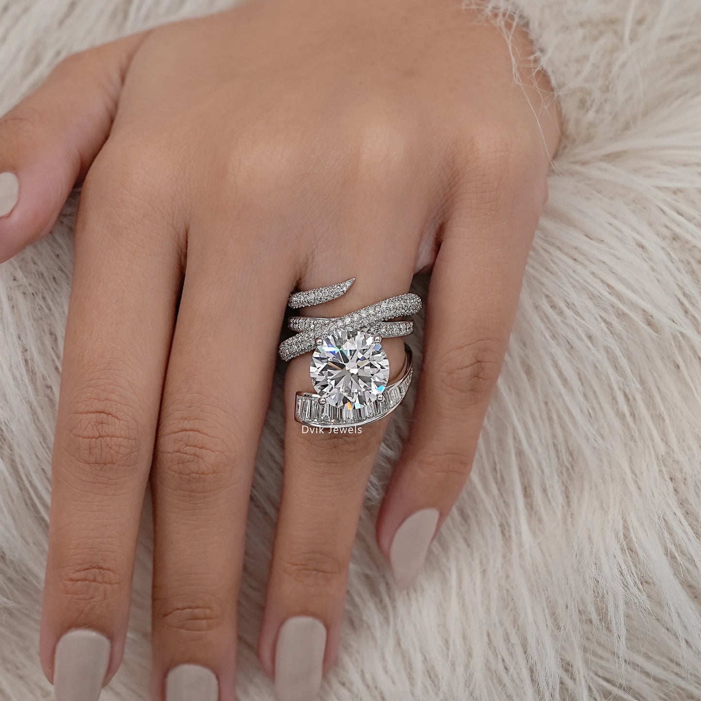 Round And Baguette Diamond Pave Cocktail Ring