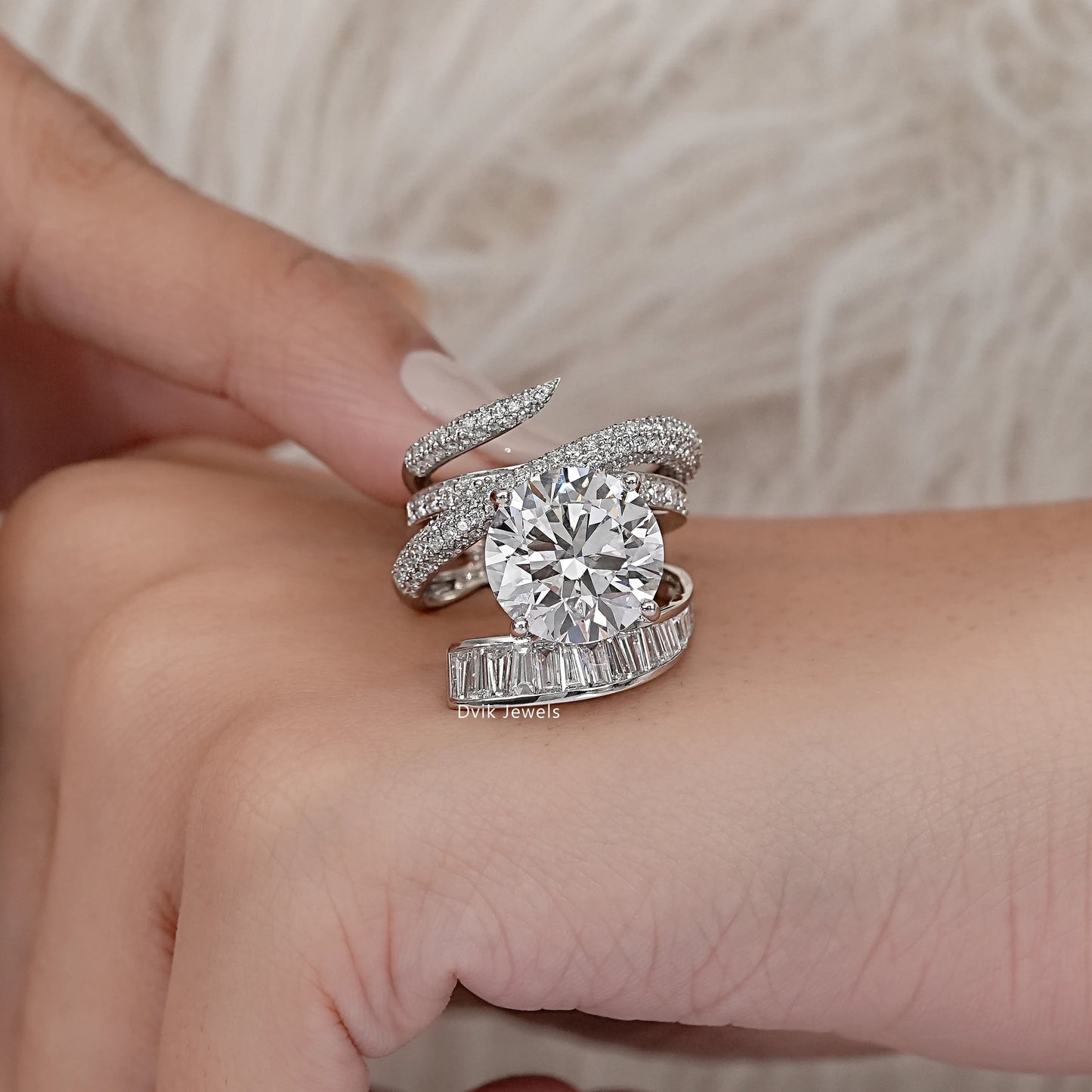 Round And Baguette Diamond Pave Cocktail Ring