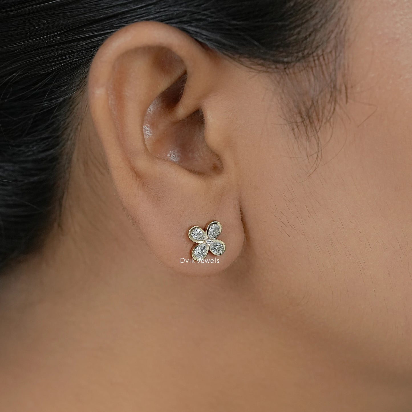 Bezel Set Pear Diamond Floral Stud Earrings