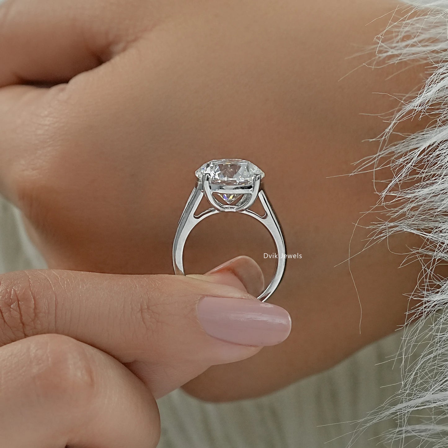 Round split shank engagement ring 4 prong engagement ring profile view