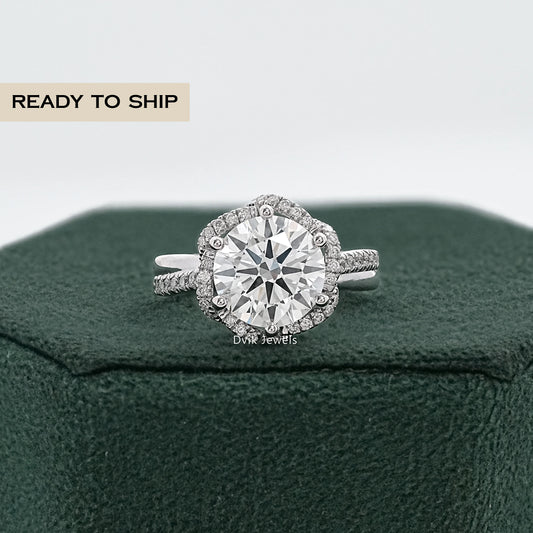 Round Cut Diamond Floral Halo Engagement Ring