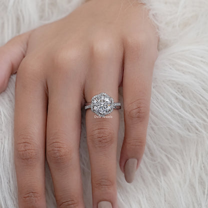 Round Cut Diamond Floral Halo Engagement Ring