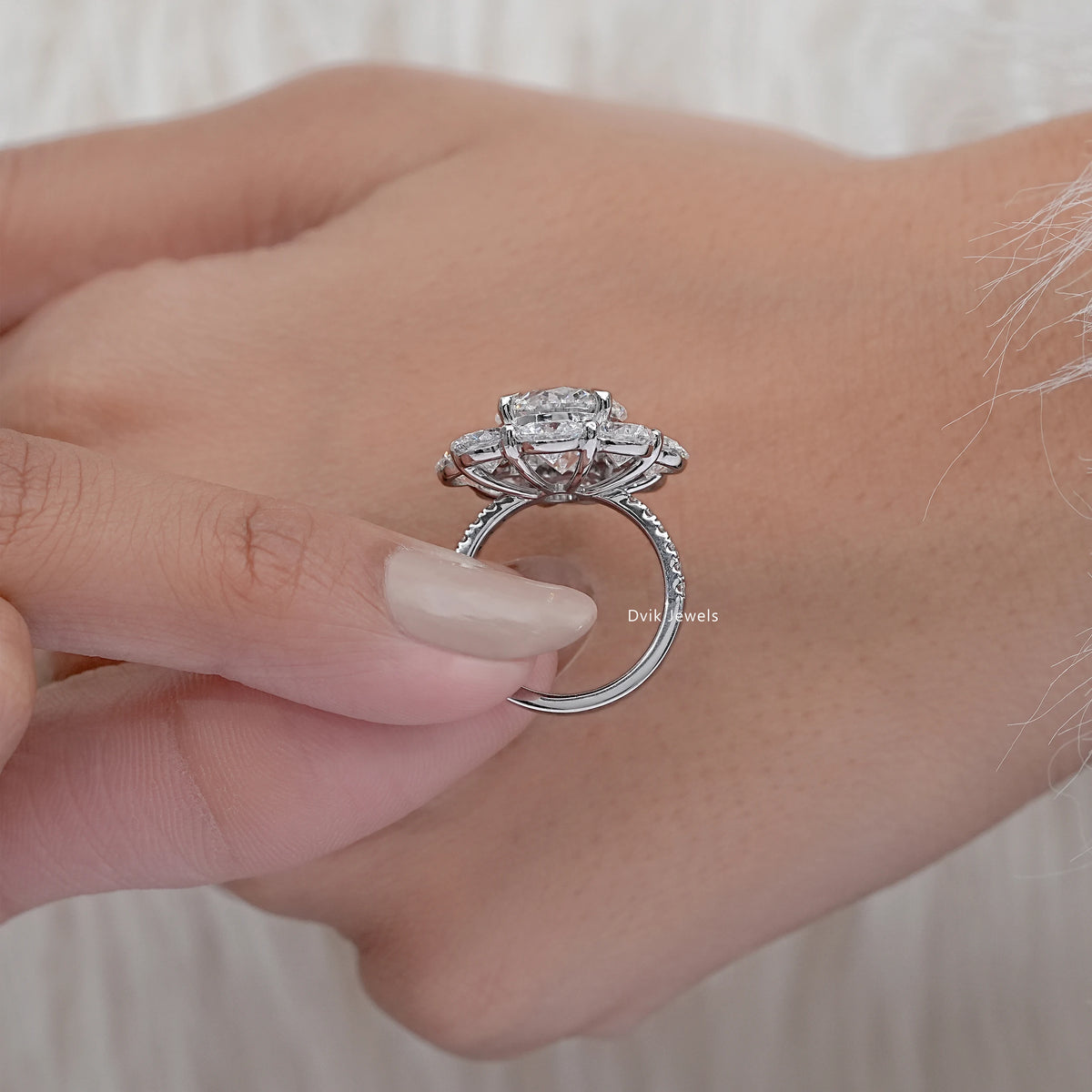 Round Cut Diamond Flower Halo Accent Ring
