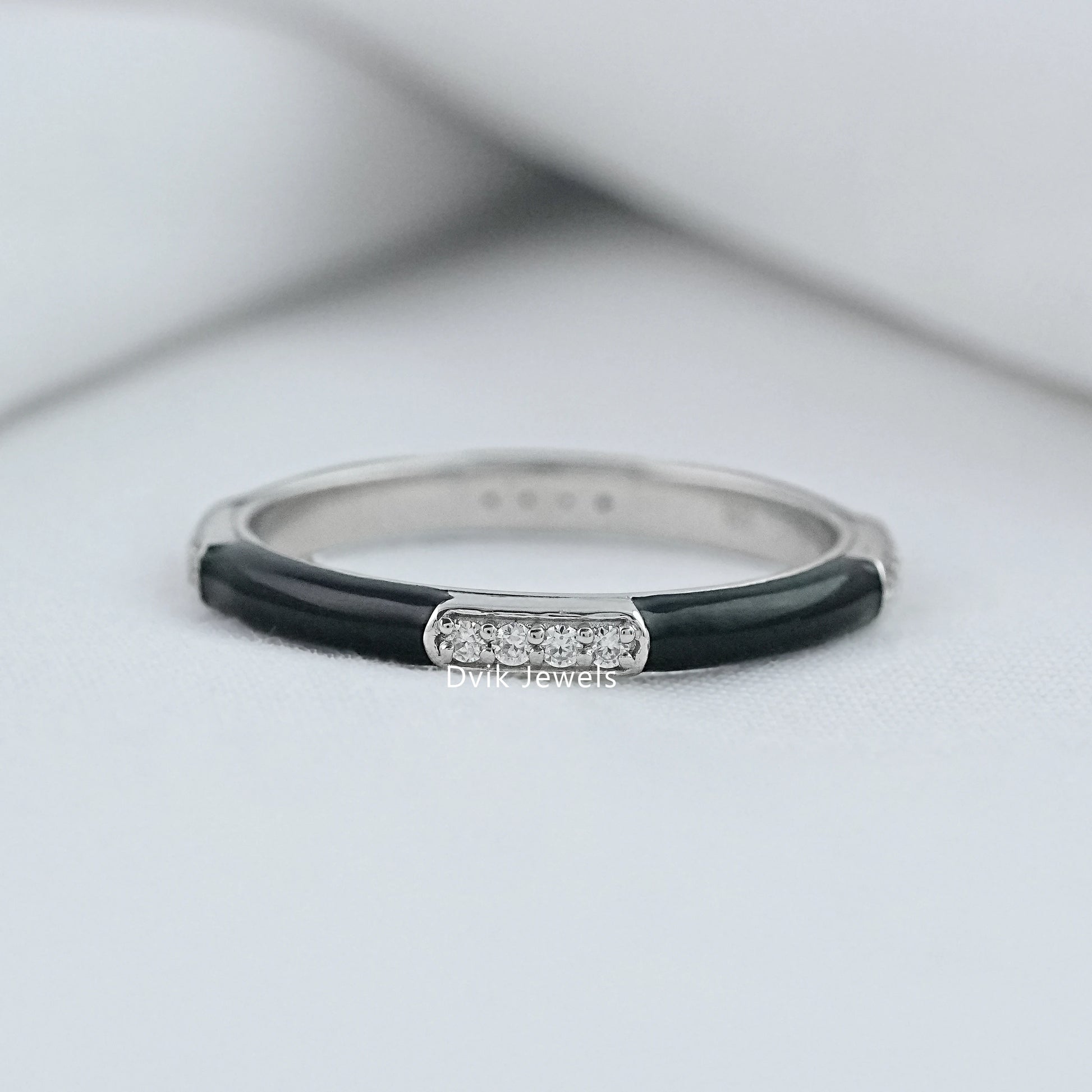 Diamond bar ring white gold black enamel band front view