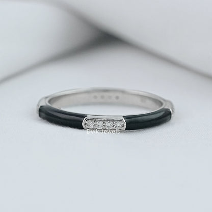 Diamond bar ring white gold black enamel band front view