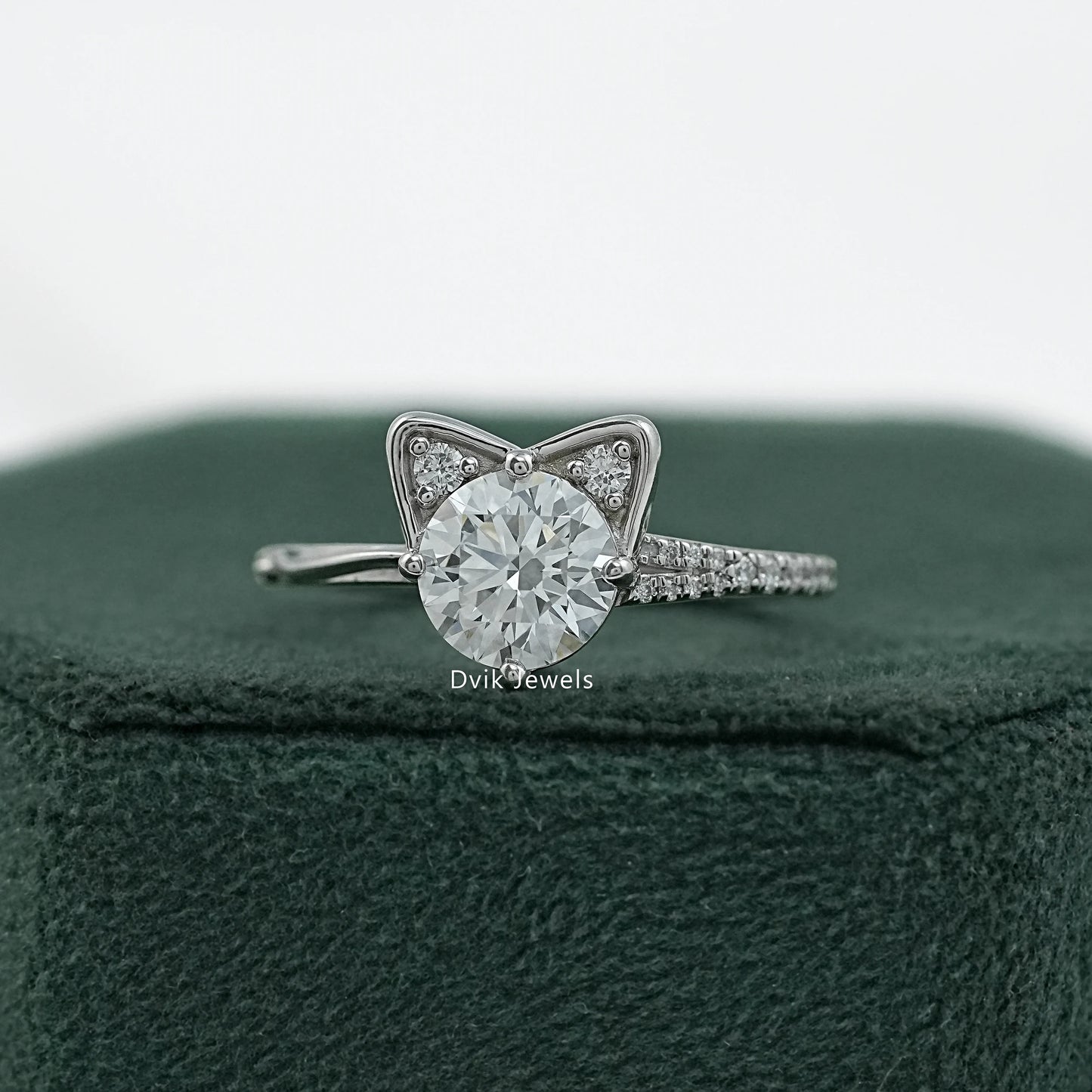 Round Cut Lab Diamond Cat Ear Accent Pave Ring