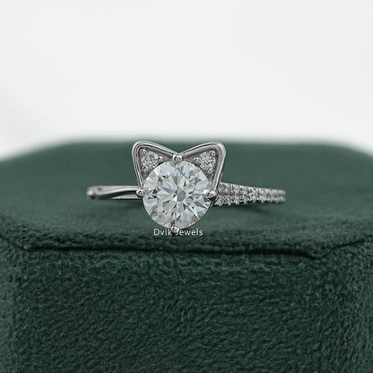 Round Cut Lab Diamond Cat Ear Accent Pave Ring