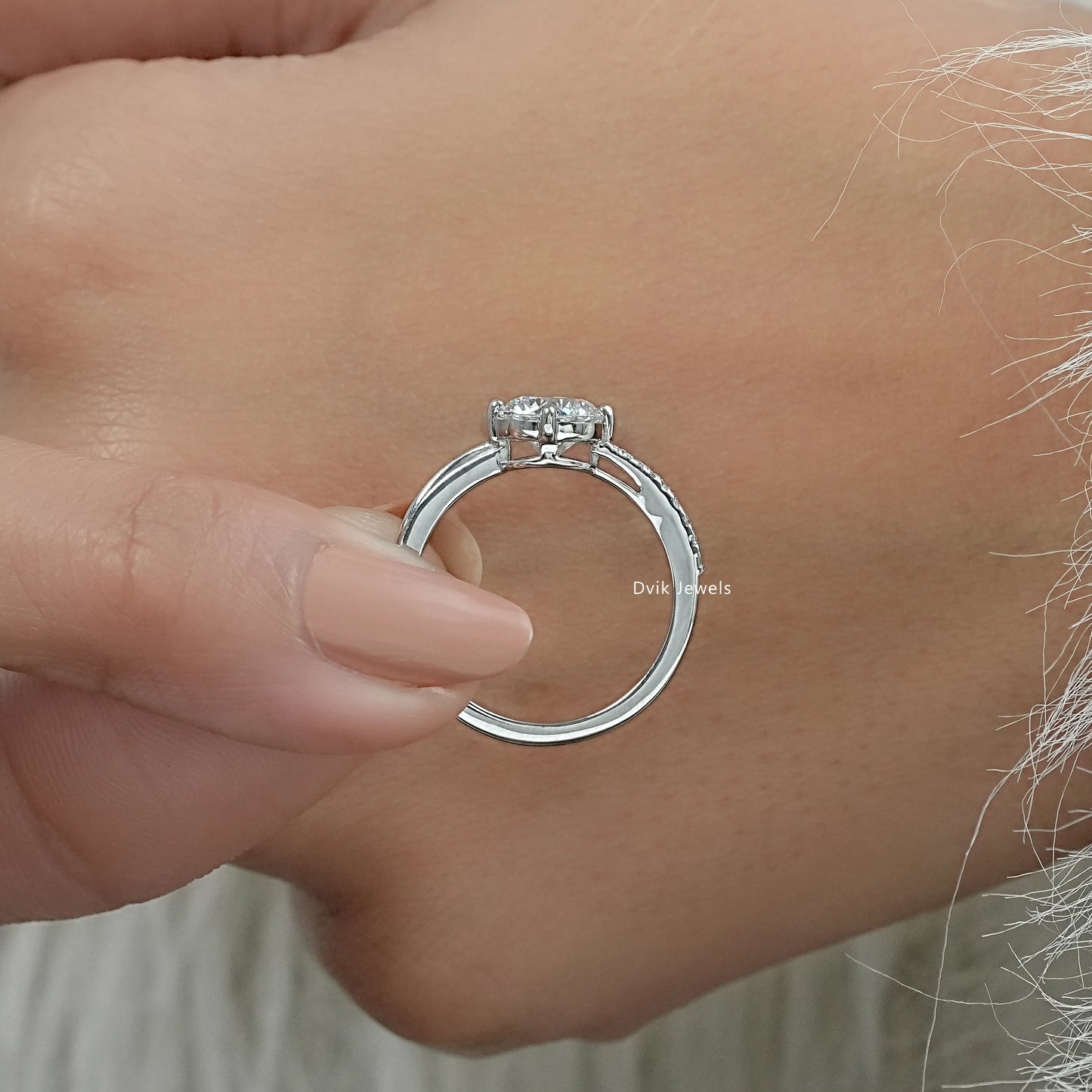 Round Cut Lab Diamond Cat Ear Accent Pave Ring