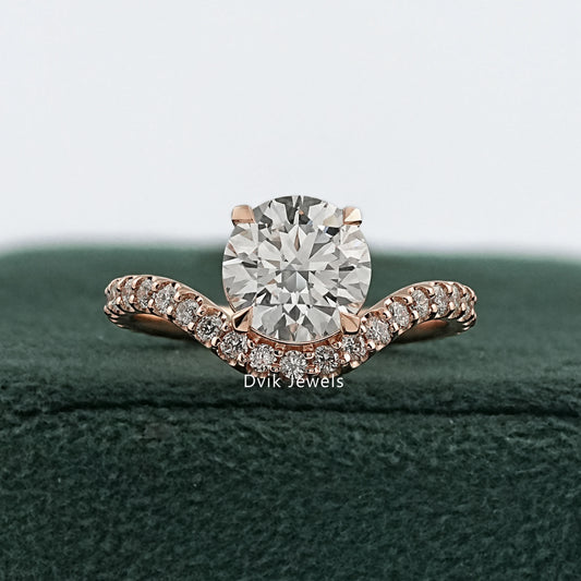 Round cut engagement ring with pave band rose gold