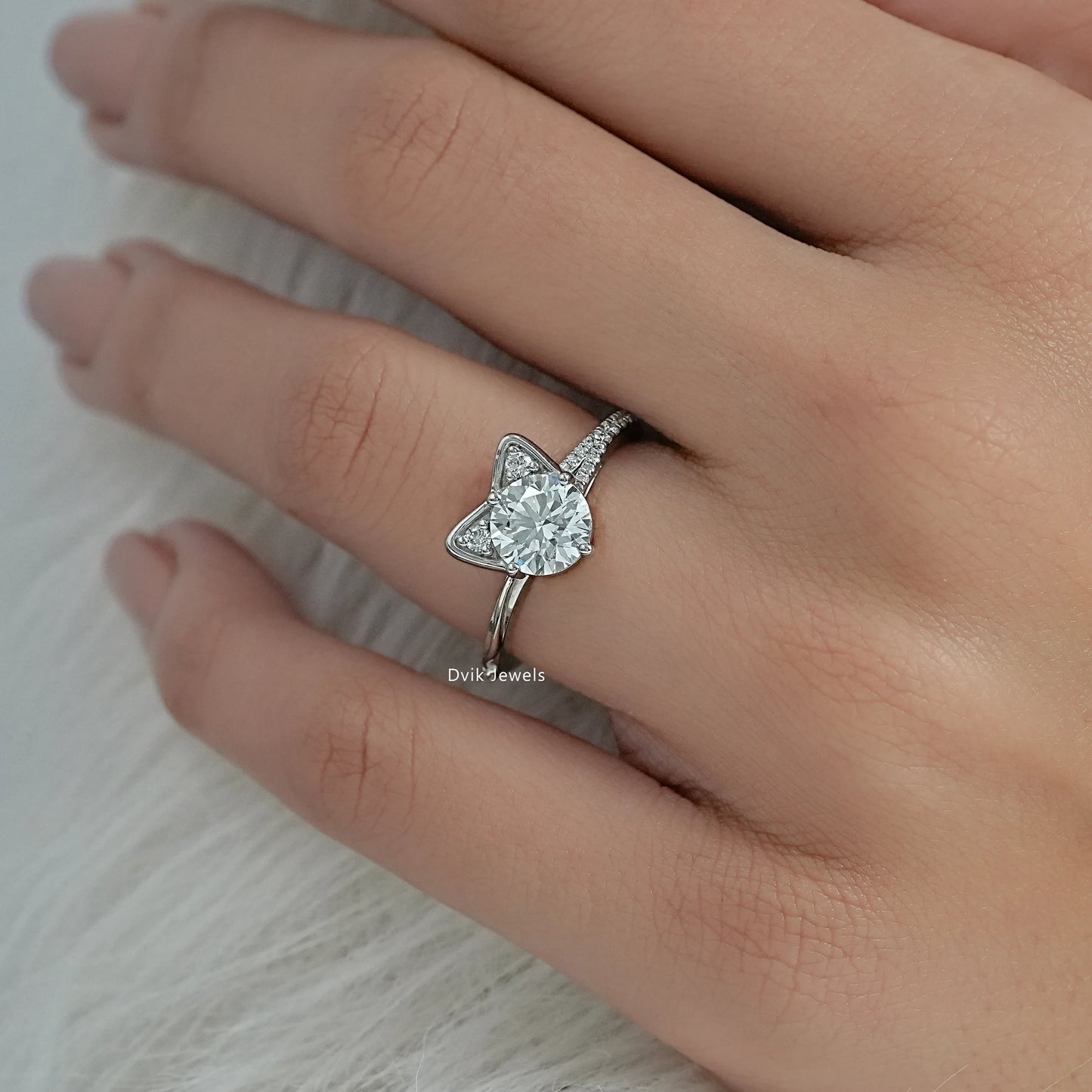 Round Cut Lab Diamond Cat Ear Accent Pave Ring