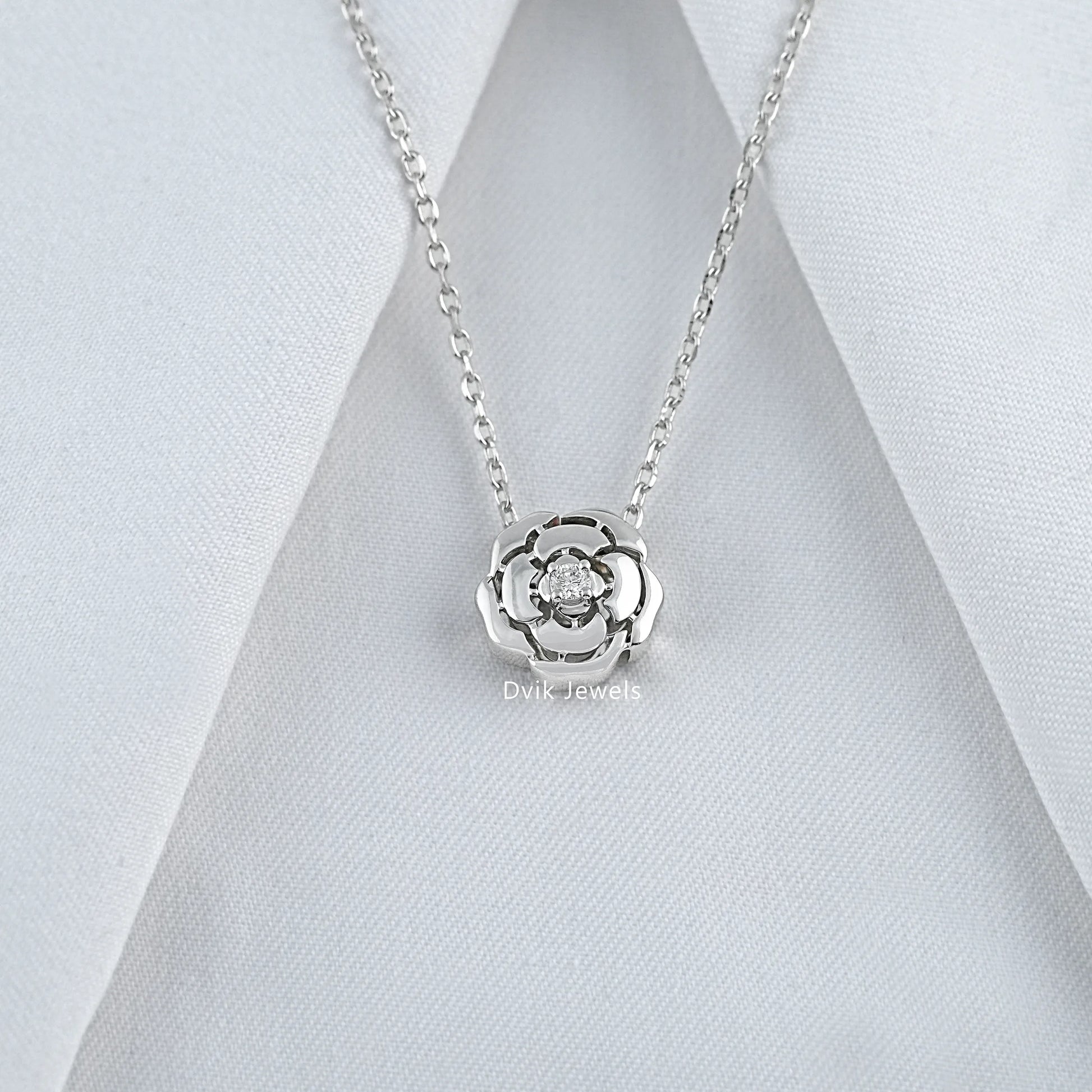Dvik Jewels round cut lab diamond rose flower necklace in white gold