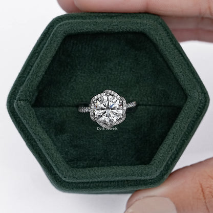Round Cut Diamond Floral Halo Engagement Ring