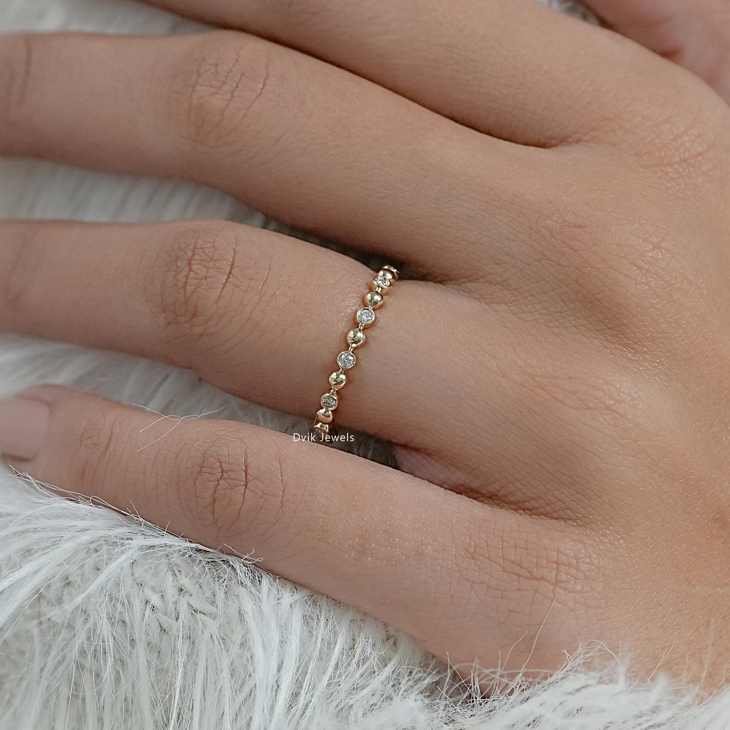 Round diamond bubble wedding band yellow gold stackable ring