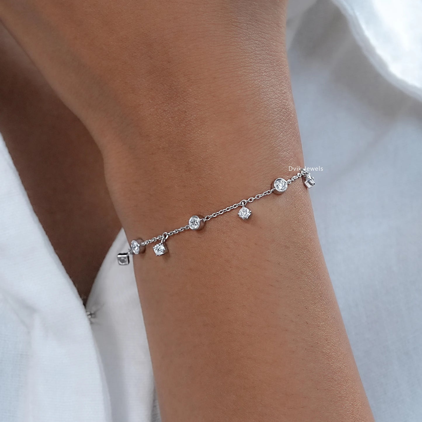 Bezel Set Round Diamond Charm Chain Bracelet