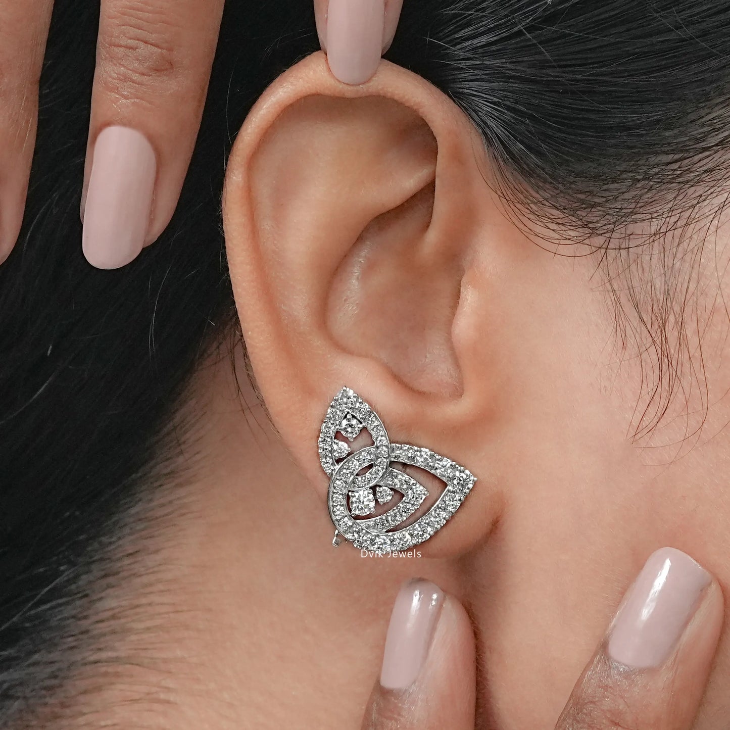 Open Pear Shape Round Diamond Cluster Set Earrings