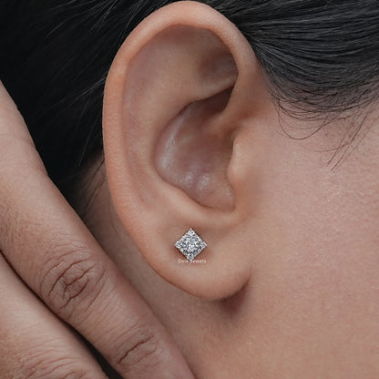 Square Shape Round Diamond Cluster Earrings