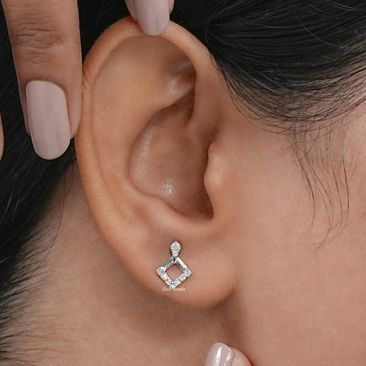 Square Shape Round Diamond Dangle Stud Earrings