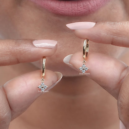 Round Diamond Flower Drop Hoop Earrings