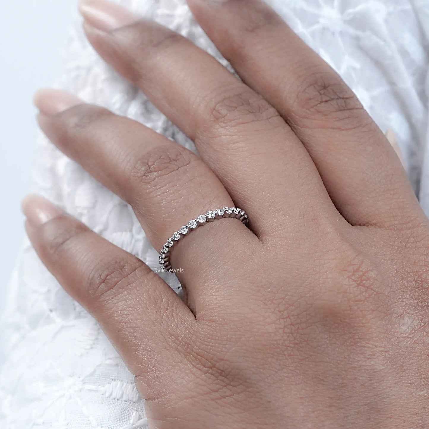 Tiny Round Diamond Half Eternity Wedding Band