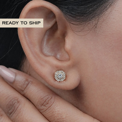 Octagon Shape Round Diamond Halo Stud