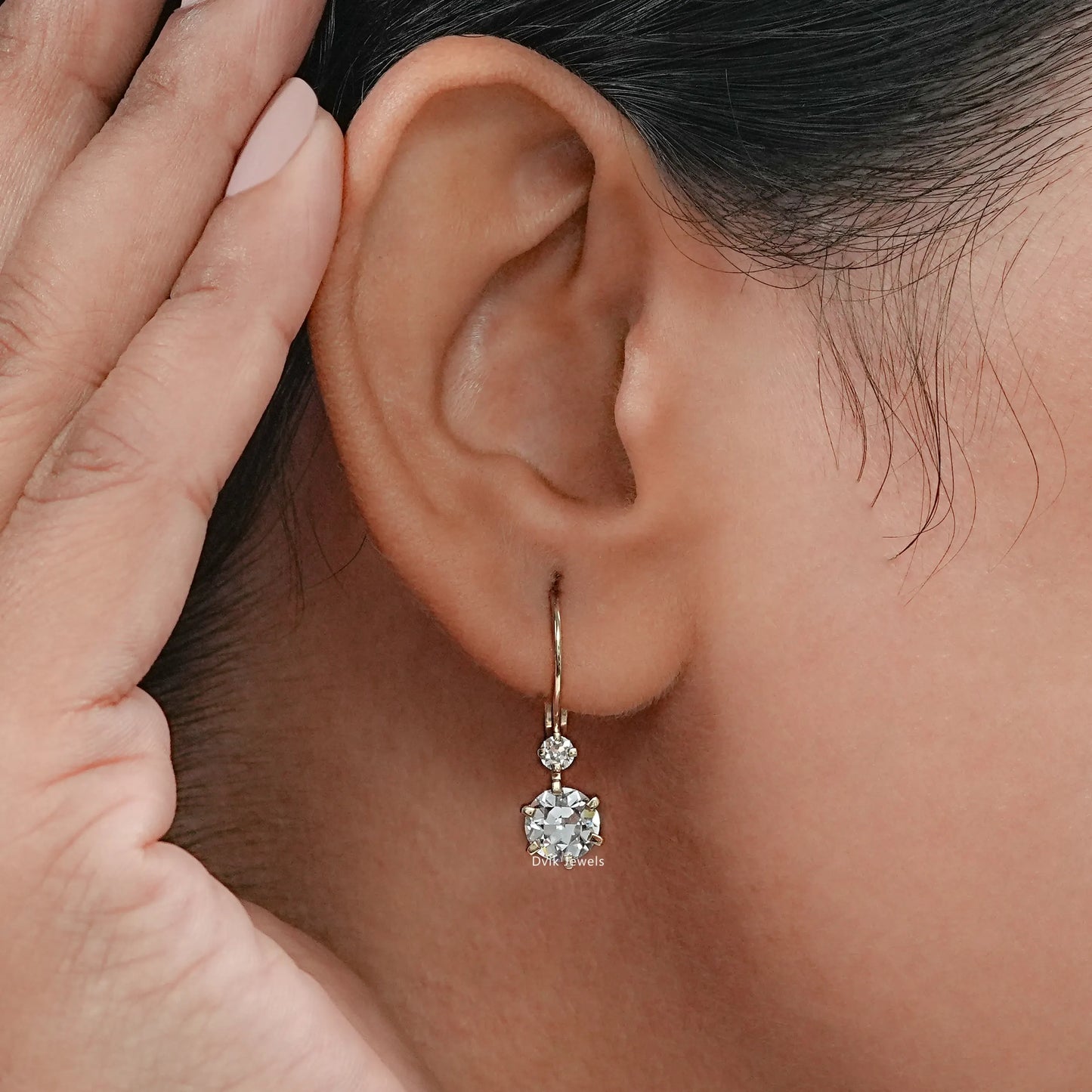 OEC Round Diamond Dainty Drop Hoop Earrings