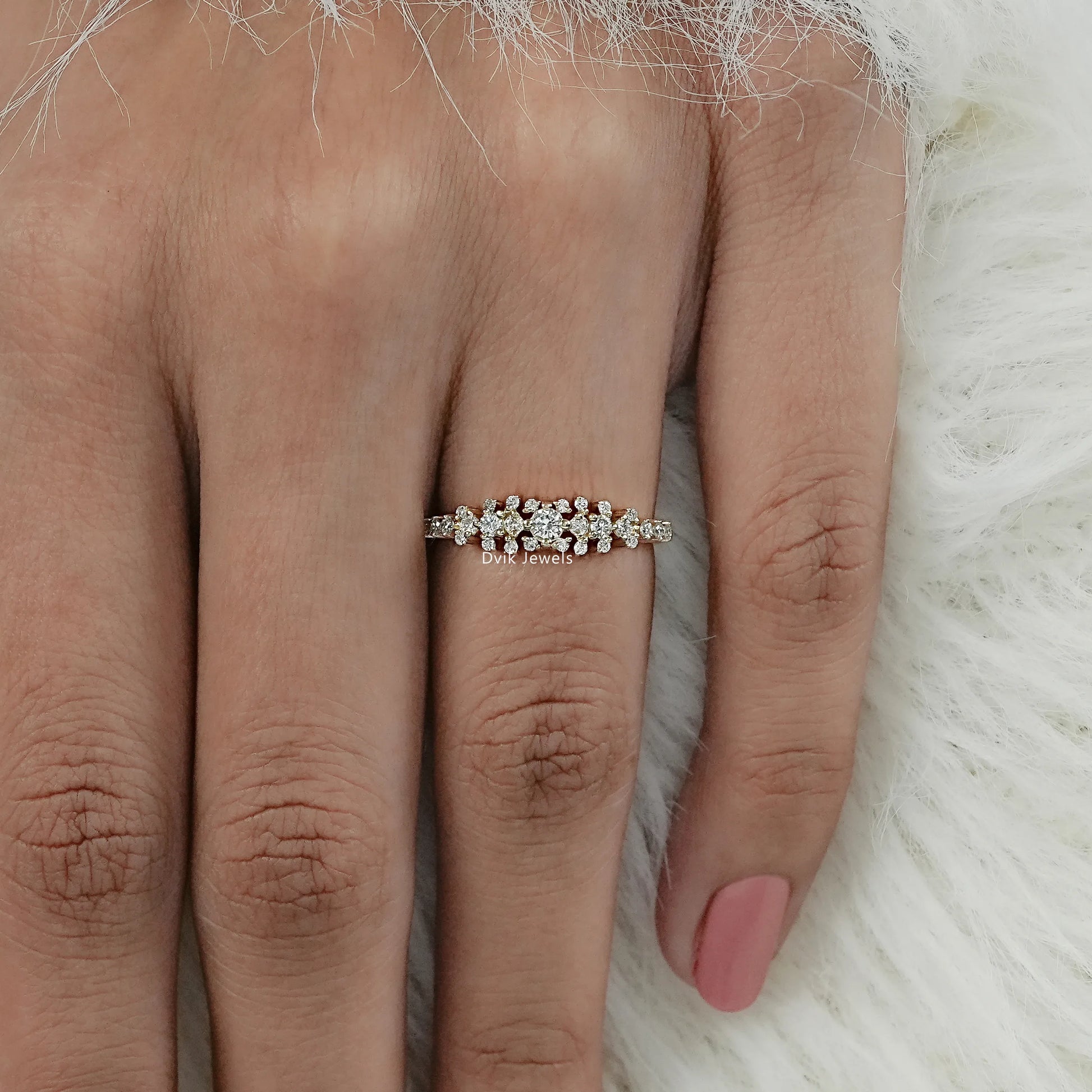 Serenity round diamond accent ring with ecure prong setting worn by model