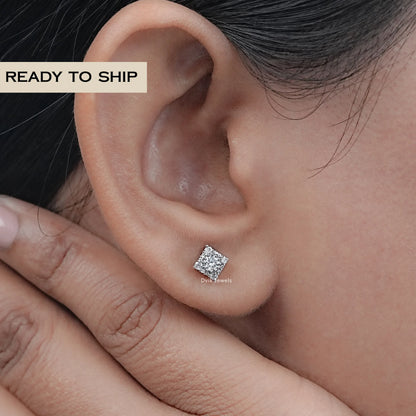 Square Shape Round Diamond Cluster Earrings