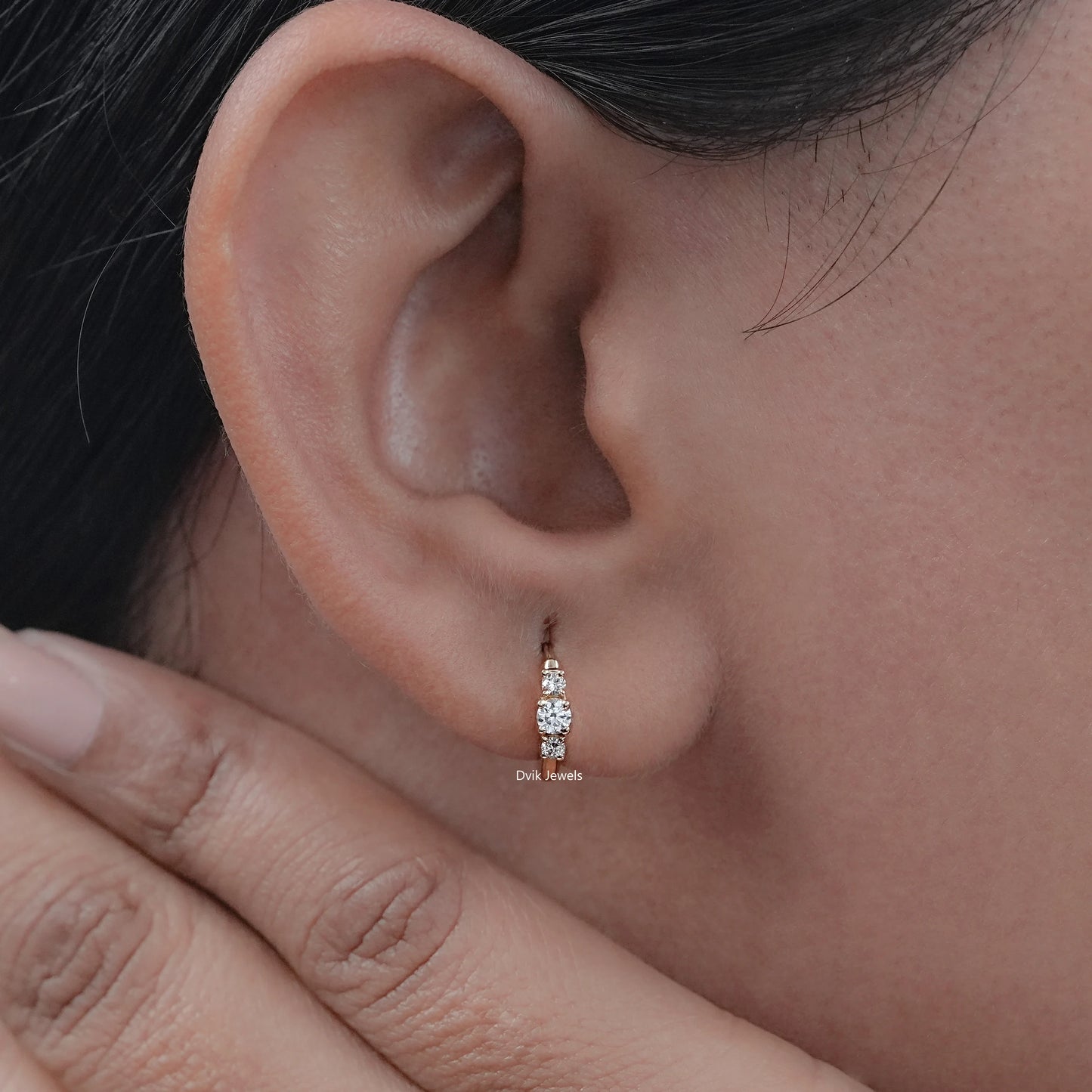 Round Diamond Three Stone Hoop Earrings