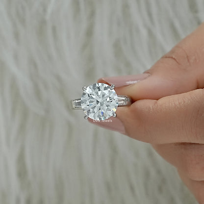 Round and baguette engagement ring round lab diamond engagement ring Finger view