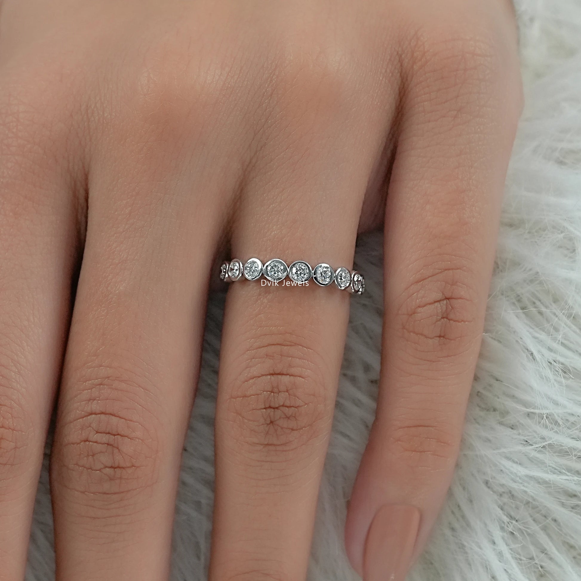 Round Cut Lab Diamond Bezel Set Half Eternity Band Ring