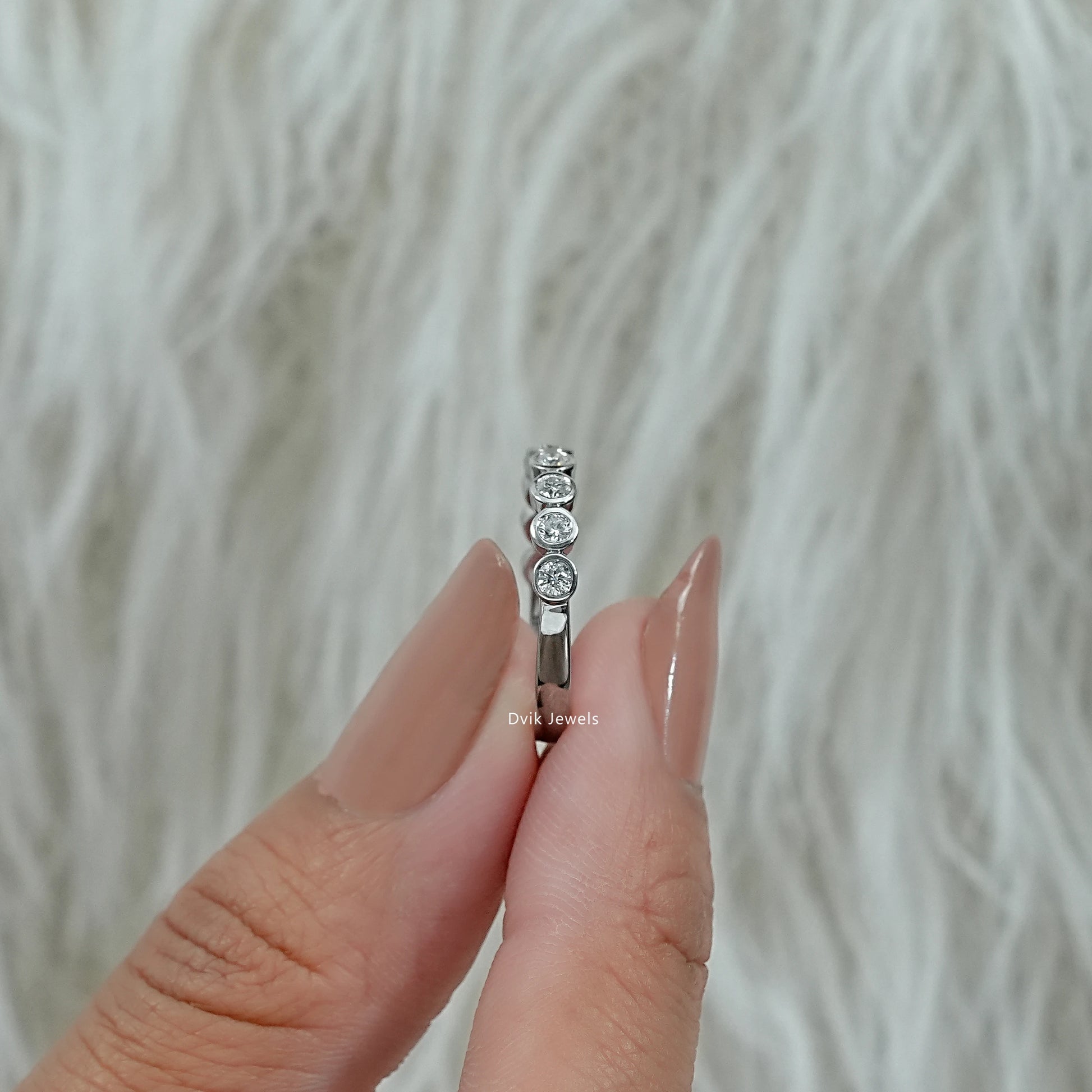Round Cut Lab Diamond Bezel Set Half Eternity Band Ring