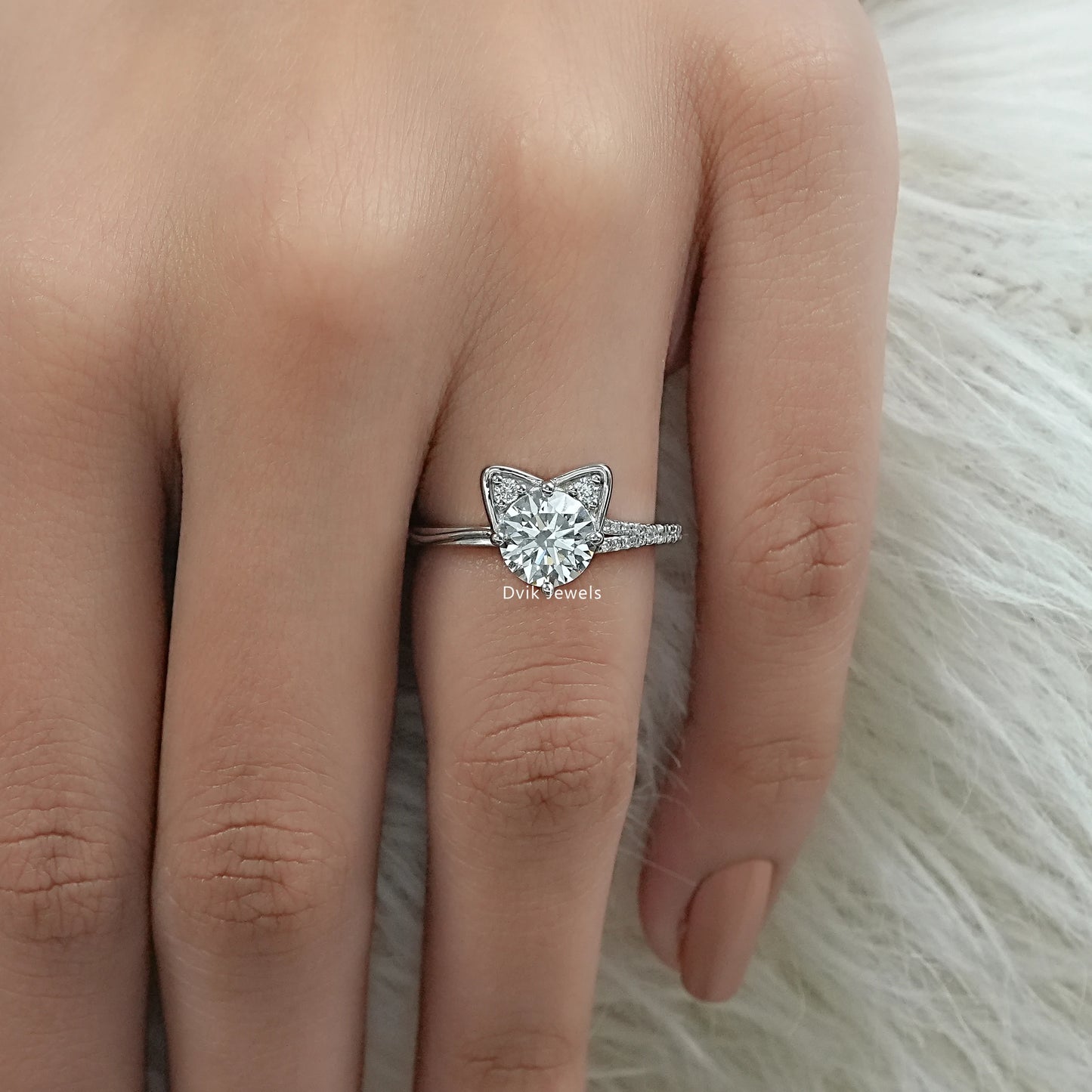 Round Cut Lab Diamond Cat Ear Accent Pave Ring